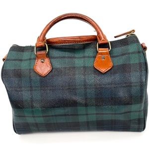Polo Ralph Lauren Blue Green Plaid Barrel Handbag Satchel Tote Leather Accents